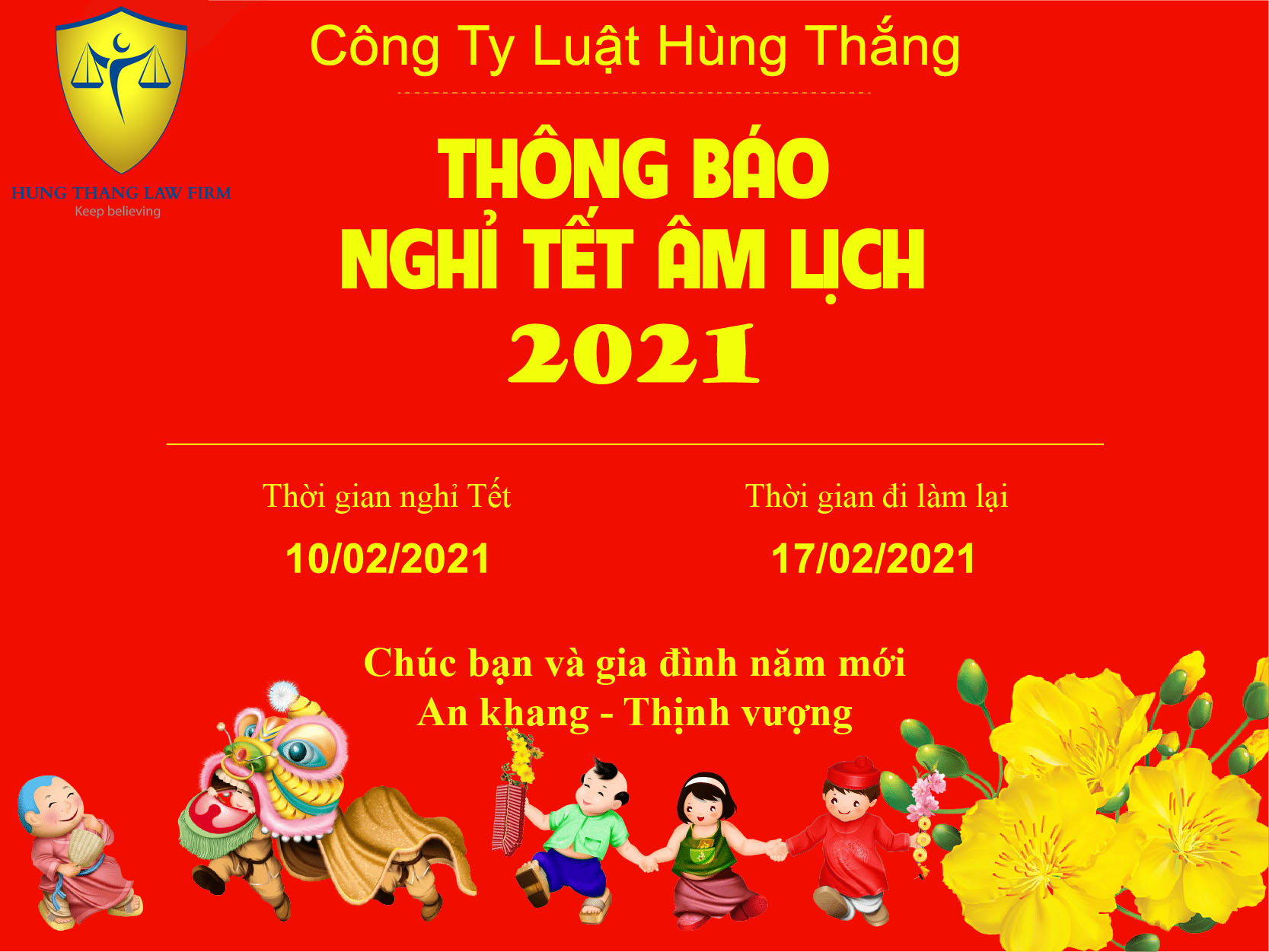 Công ty luật Hùng Thắng thông báo lịch nghỉ tết 2021