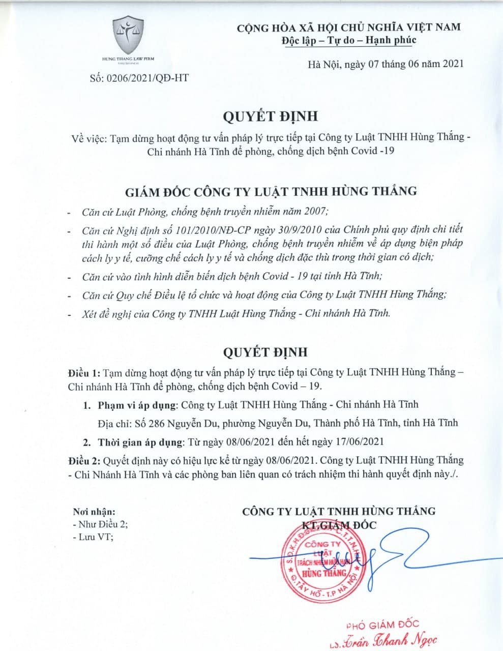 Thông Báo Tạm Ngừng Hoạt Động Tư Vấn Pháp Lý Trực Tiếp - Chi Nhánh Hà Tĩnh
