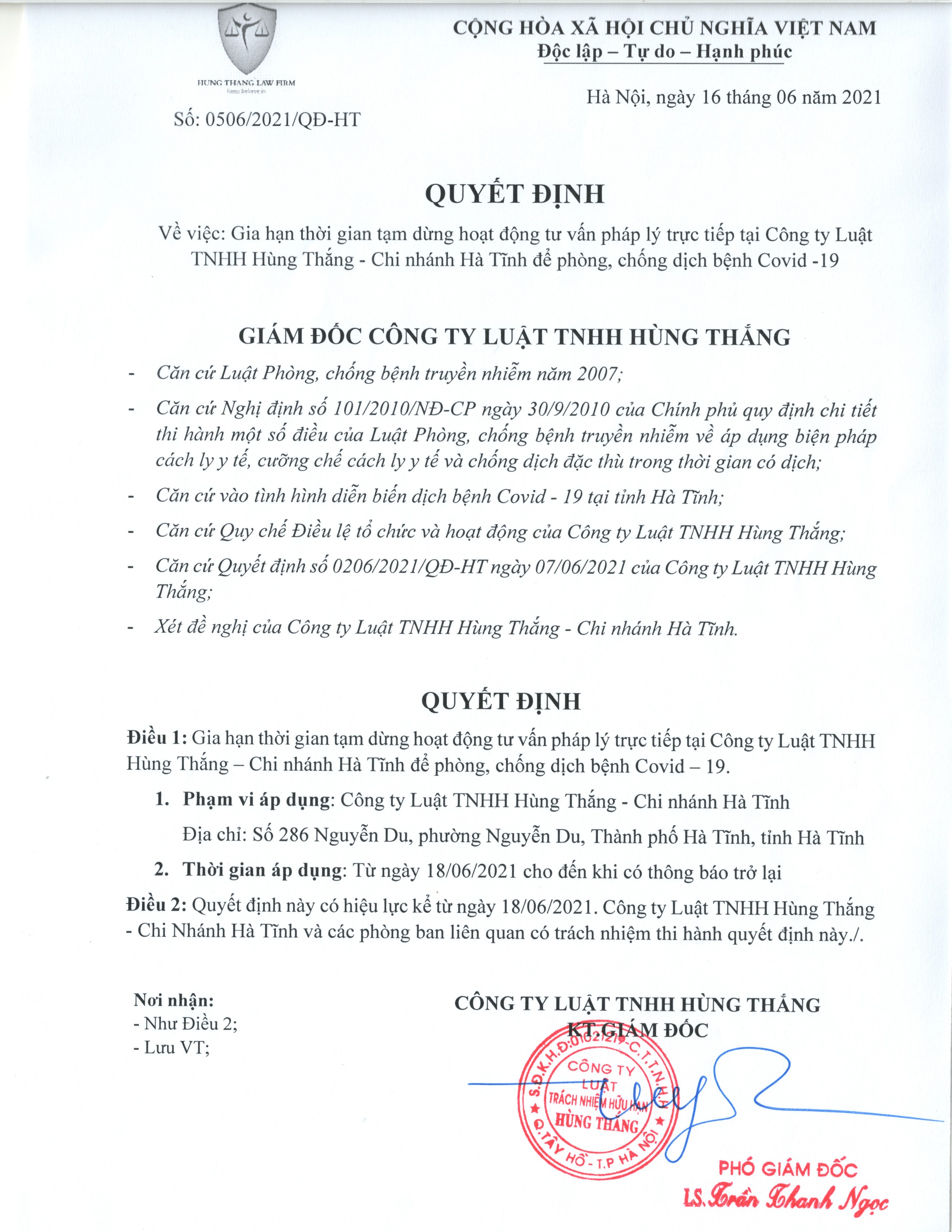 Quyết định gia hạn tạm ngừng hoạt động tư vấn pháp lý trực tiếp tại Chi nhánh Hà Tĩnh
