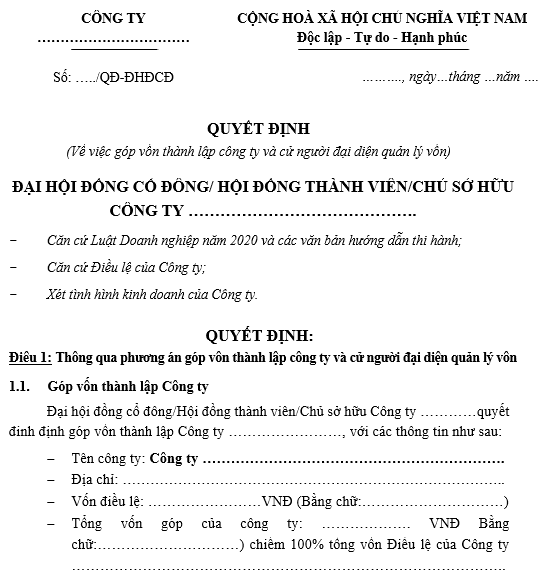Mẫu quyết định thành lập công ty