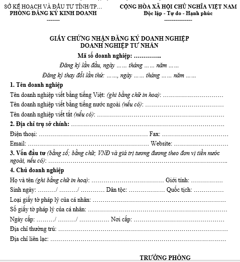 Mẫu Giấy chứng nhận đăng ký doanh nghiệp tư nhân